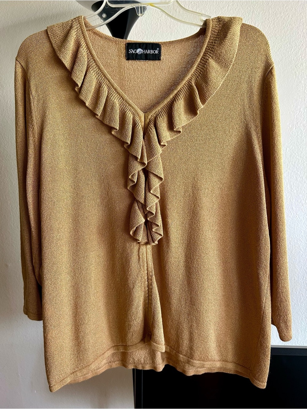 Sag Harbor Women's Camel Ruffle V-Neck Sweater